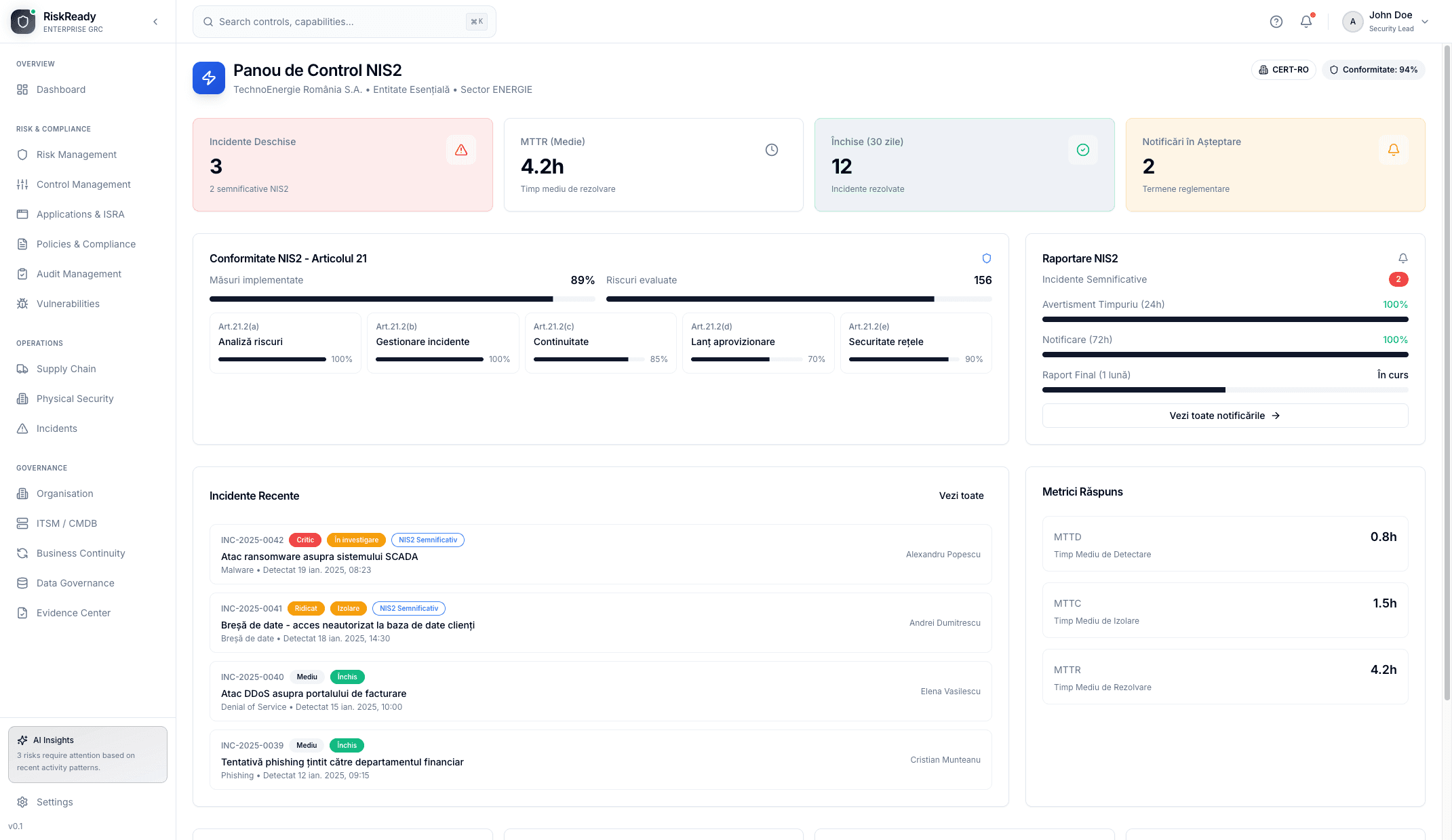 RiskReady Dashboard - Panou de Control NIS2